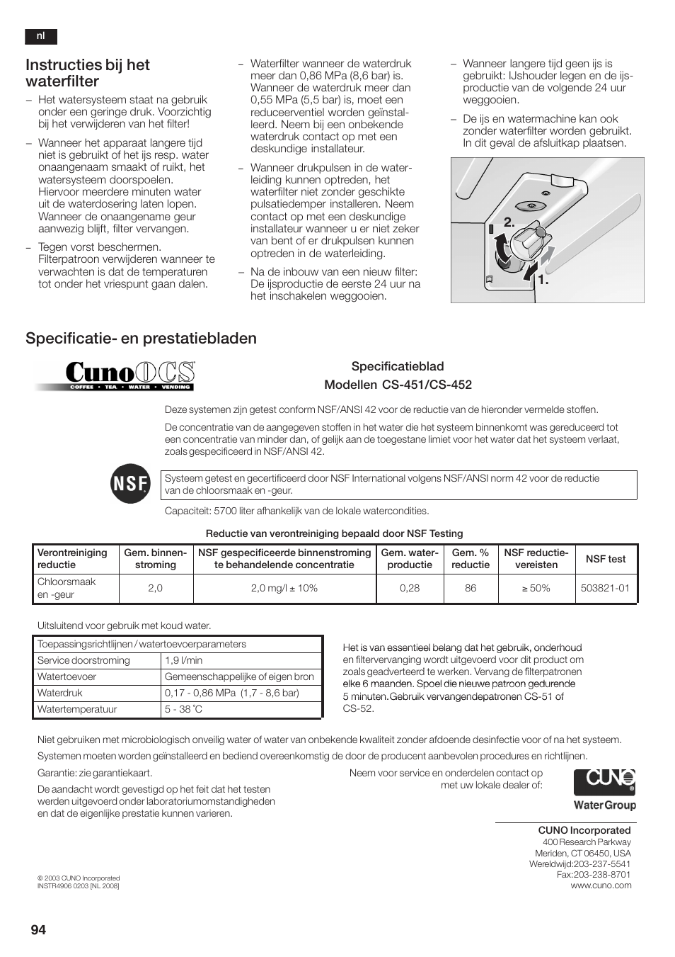 Instructies bij het waterfilter, Specificatieć en prestatiebladen | Siemens KA58NA45 User Manual | Page 94 / 264
