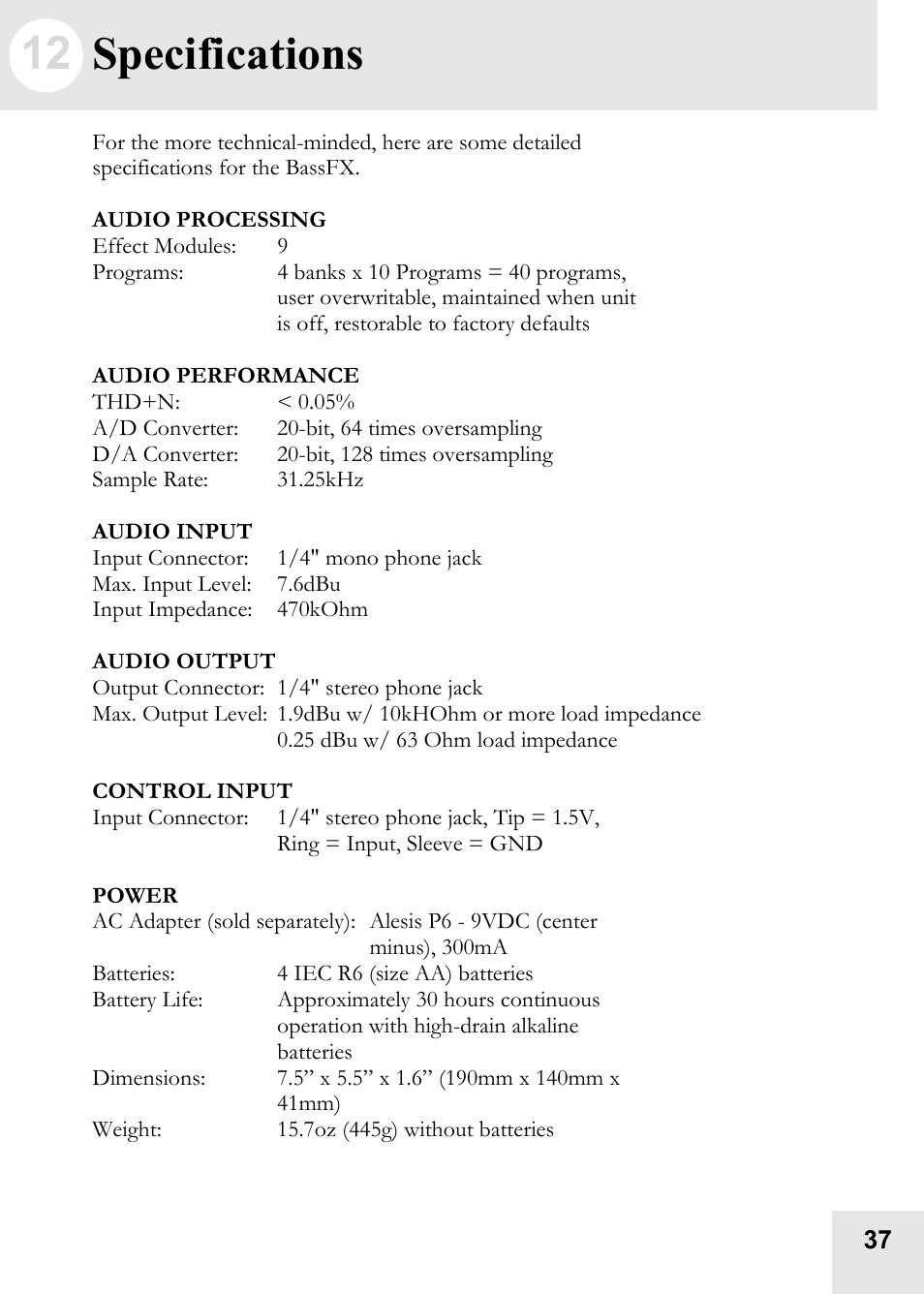 12 specifications | ALESIS BassFX User Manual | Page 37 / 40