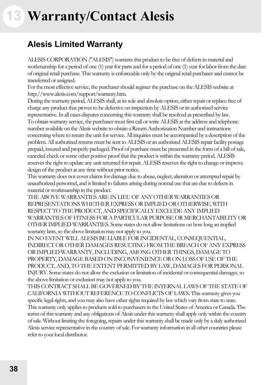 13 warranty/contact alesis | ALESIS BassFX User Manual | Page 38 / 40