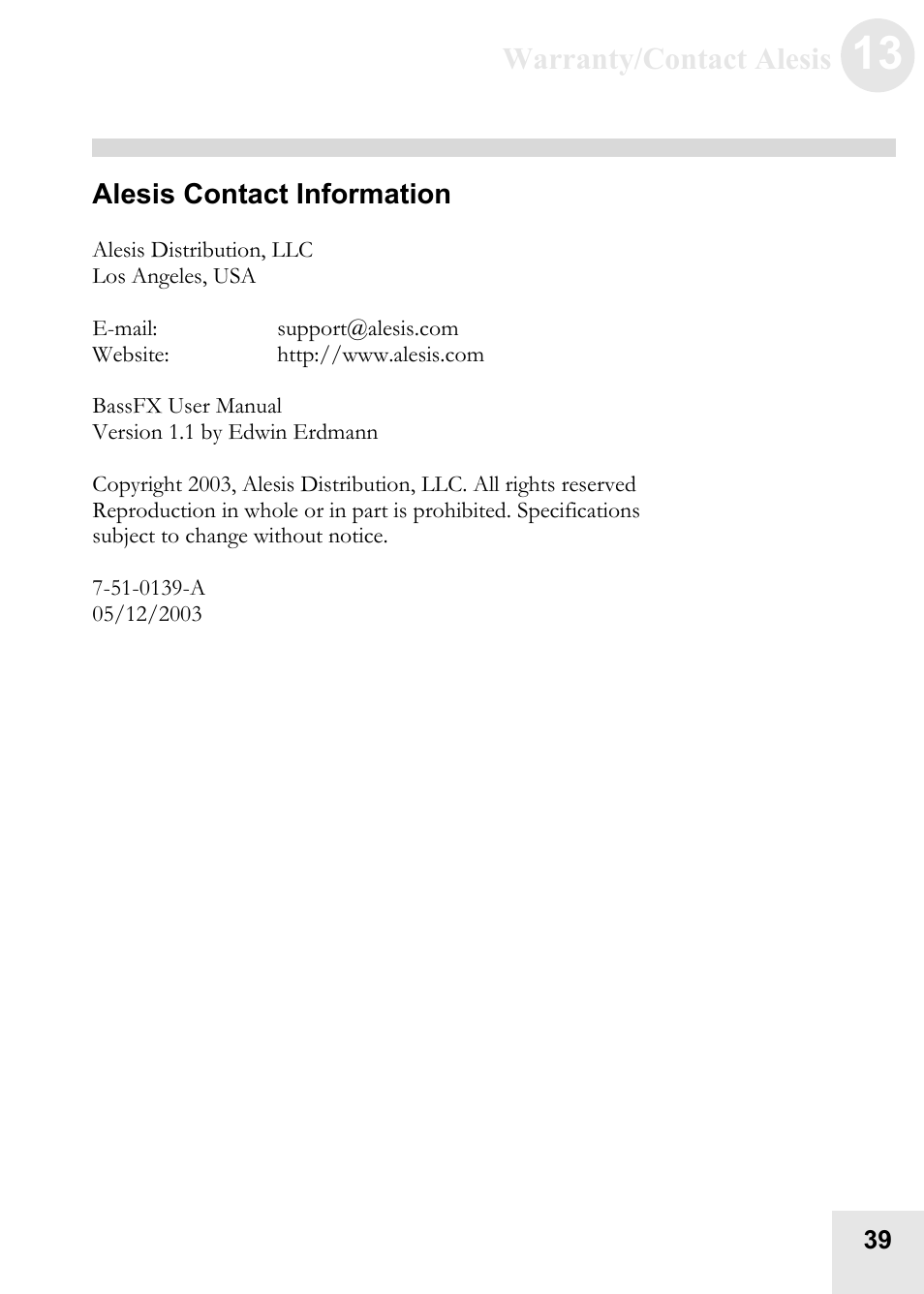 Warranty/contact alesis | ALESIS BassFX User Manual | Page 39 / 40