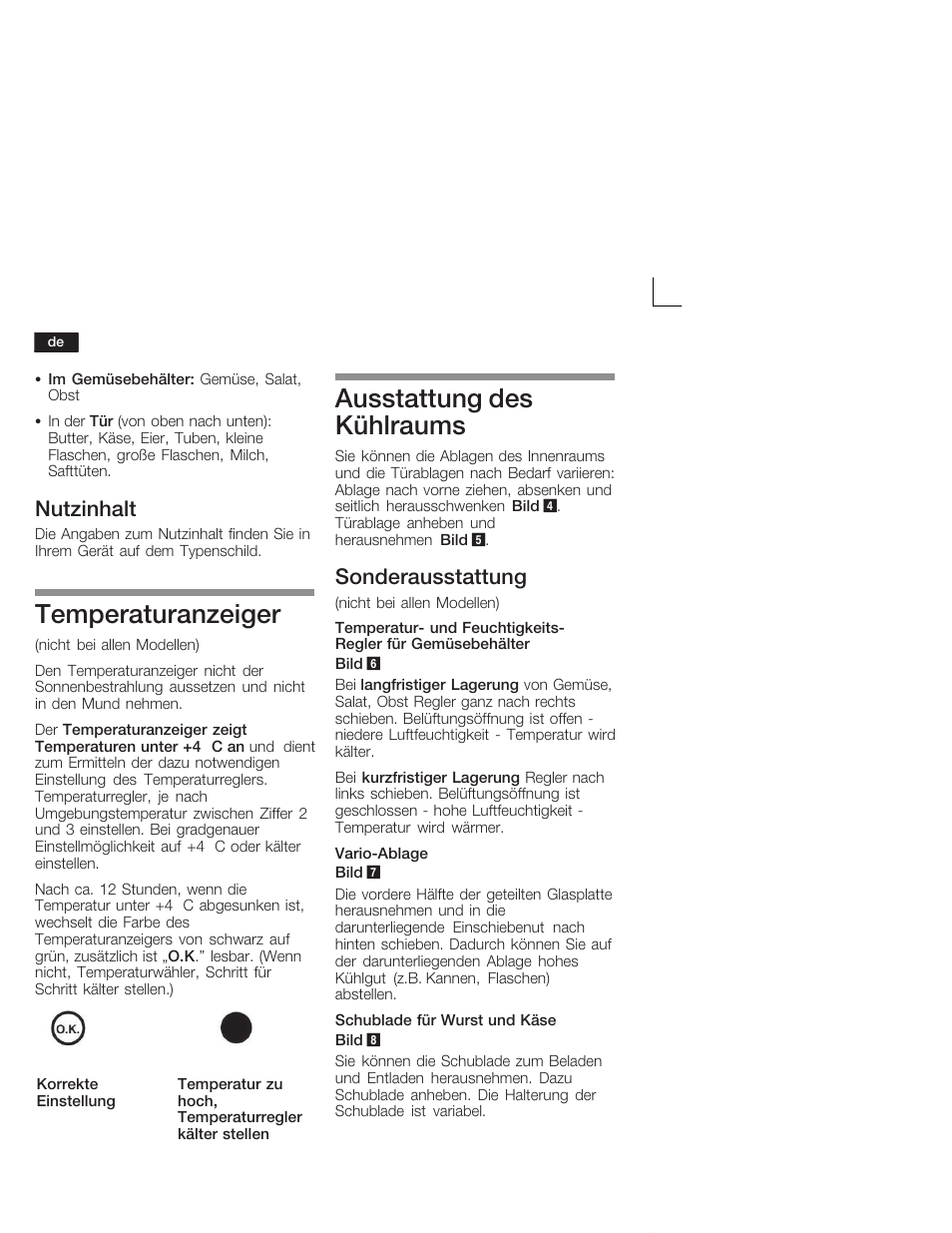 Temperaturanzeiger, Ausstattung des kühlraums, Nutzinhalt | Sonderausstattung | Siemens KI28VA20FF User Manual | Page 10 / 75