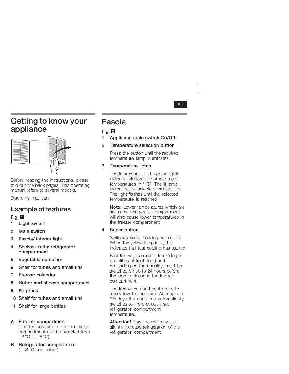 Getting to know your appliance, Fascia, Example of features | Siemens KI28VA20FF User Manual | Page 19 / 75