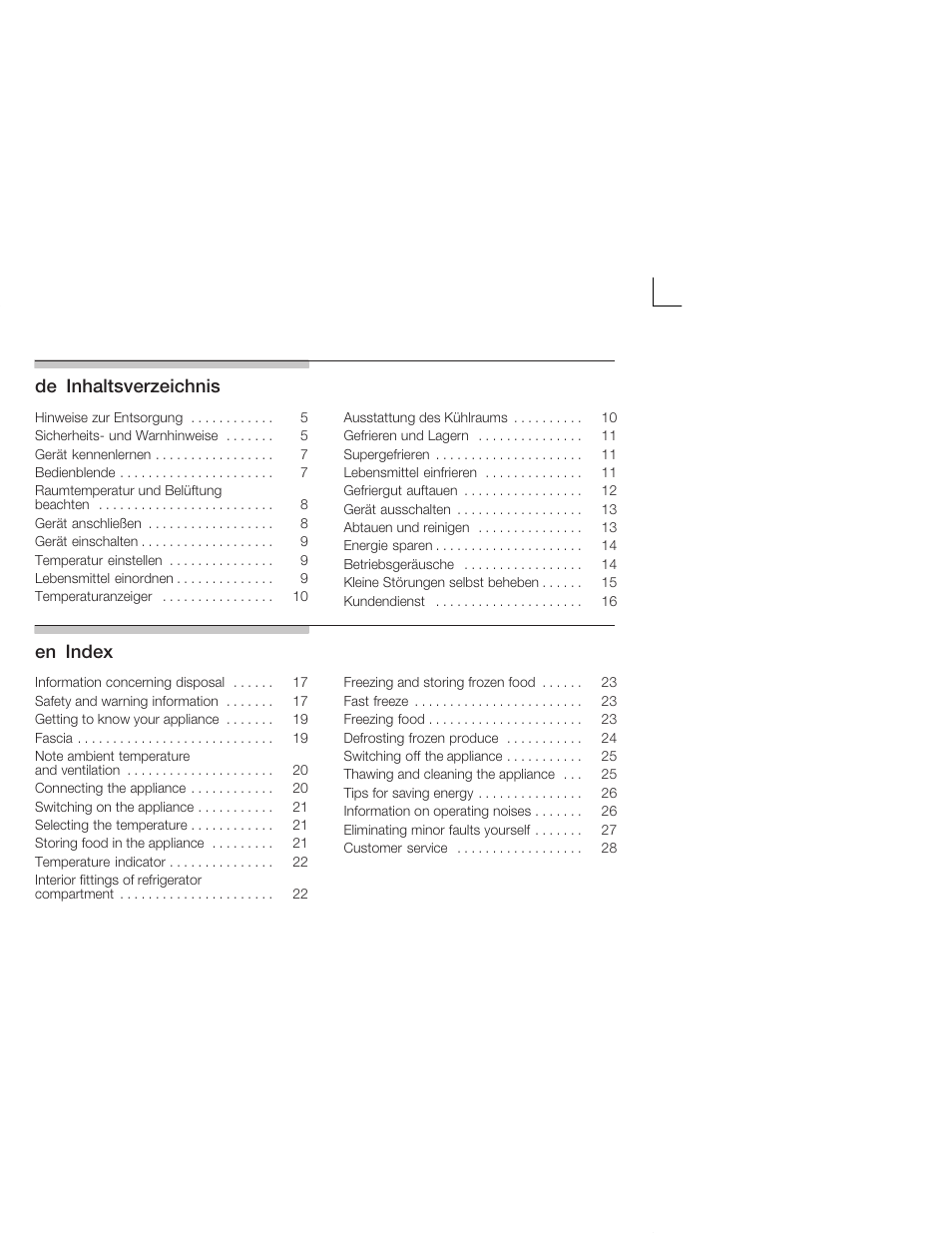 Deąinhaltsverzeichnis, Enąindex | Siemens KI28VA20FF User Manual | Page 2 / 75