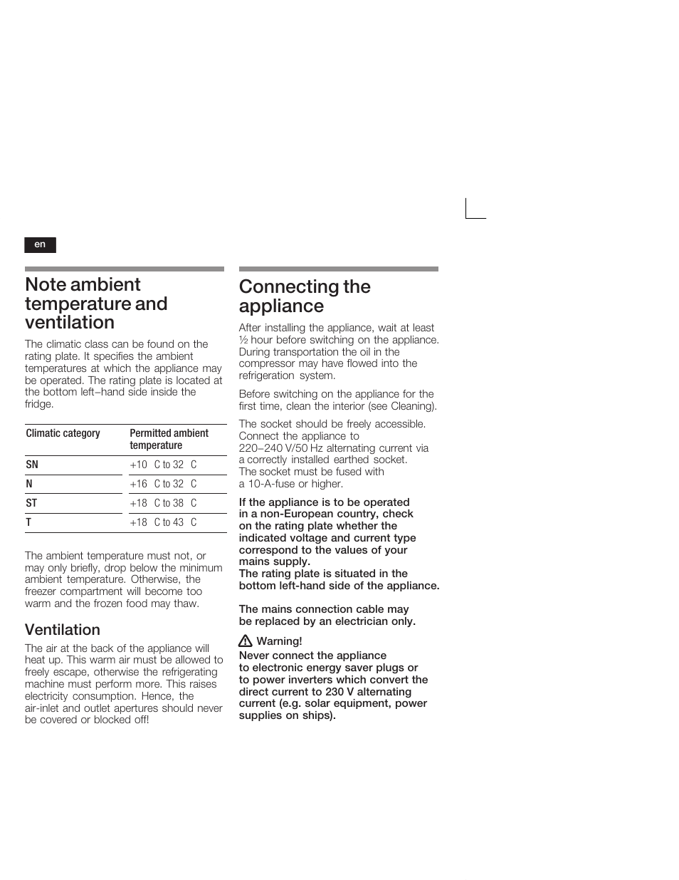 Connecting the appliance, Ventilation | Siemens KI28VA20FF User Manual | Page 20 / 75