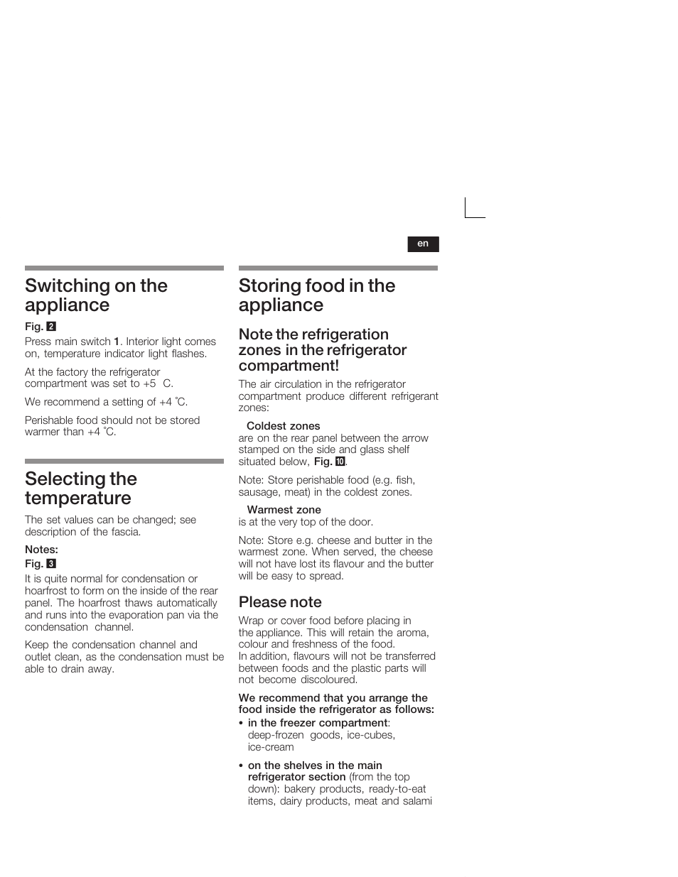 Switching on the appliance, Selecting the temperature, Storing food in the appliance | Siemens KI28VA20FF User Manual | Page 21 / 75