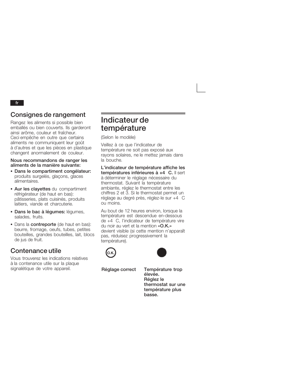 Indicateur de température, Consignes de rangement, Contenance utile | Siemens KI28VA20FF User Manual | Page 36 / 75