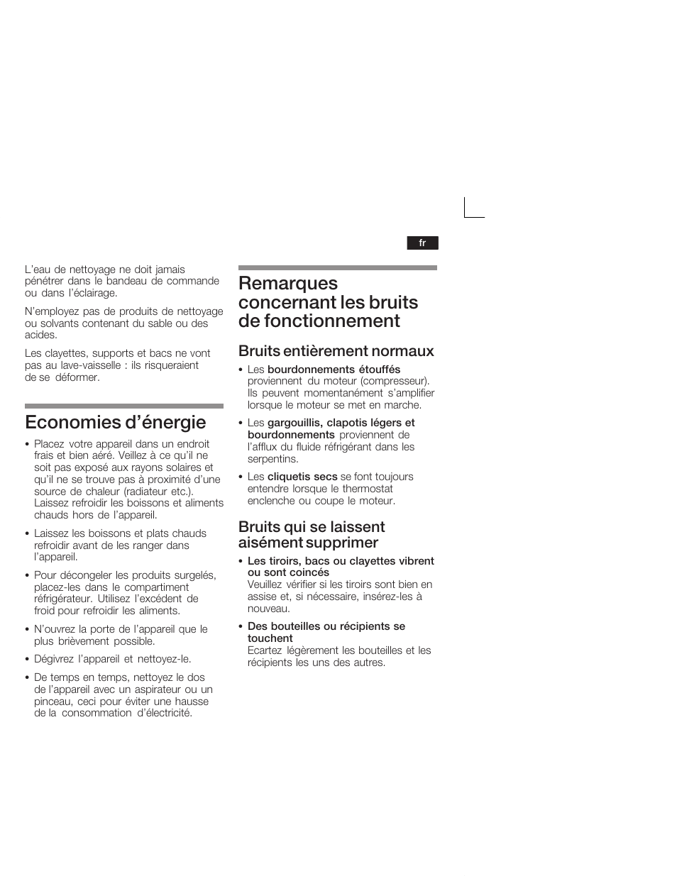 Economies d'énergie, Remarques concernant les bruits de fonctionnement, Bruits entièrement normaux | Bruits qui se laissent aisément supprimer | Siemens KI28VA20FF User Manual | Page 41 / 75