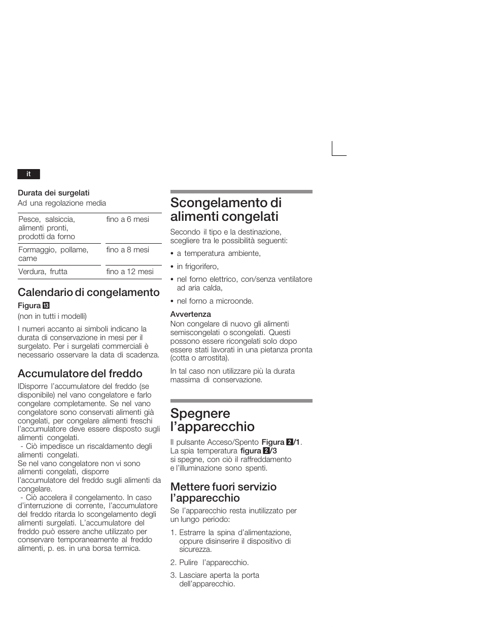 Scongelamento di alimenti congelati, Spegnere l'apparecchio, Calendario di congelamento | Accumulatore del freddo, Mettere fuori servizio l'apparecchio | Siemens KI28VA20FF User Manual | Page 52 / 75