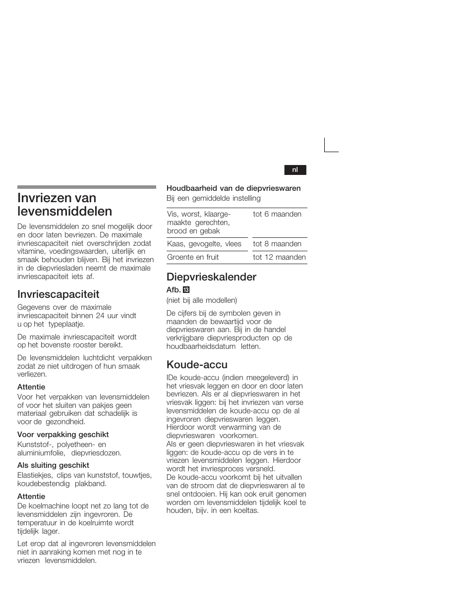 Invriezen van levensmiddelen, Invriescapaciteit, Diepvrieskalender | Koudećaccu | Siemens KI28VA20FF User Manual | Page 65 / 75