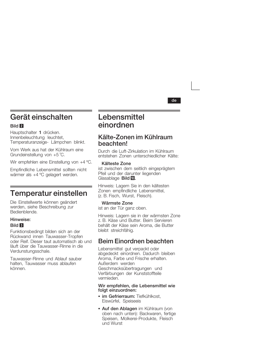 Gerät einschalten, Temperatur einstellen, Lebensmittel einordnen | Kältećzonen im kühlraum beachten, Beim einordnen beachten | Siemens KI28VA20FF User Manual | Page 9 / 75