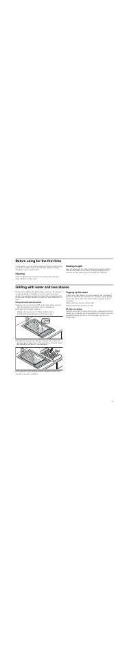 Before using for the first time, Cleaning, Heating the grill | Grilling with water and lava stones, Filling with water and lava stones, Fill water into the grill container, Topping up the water, M risk of scalding | Siemens ET375GU11E User Manual | Page 13 / 36