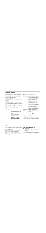 Care and cleaning, M risk of burns, M risk of electric shock | Cleaning the appliance, Do not use these cleaning agents, After-sales service, To book an engineer visit and product advice | Siemens ET375GU11E User Manual | Page 15 / 36