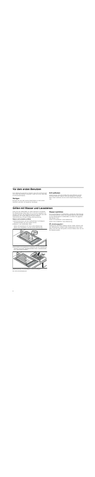 Vor dem ersten benutzen, Reinigen, Grill aufheizen | Grillen mit wasser und lavasteinen, Wasser und lavasteine einfüllen, Wasser in den grillbehälter füllen, Wasser nachfüllen, M verbrühungsgefahr | Siemens ET375GU11E User Manual | Page 6 / 36