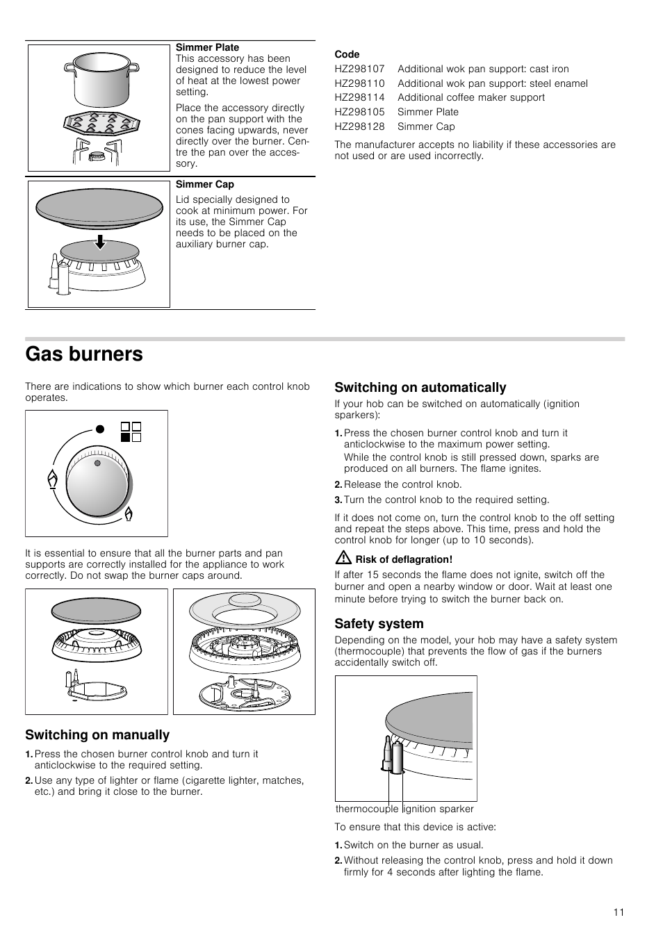 Code, Gas burners, Switching on manually | Switching on automatically, Release the control knob, Turn the control knob to the required setting, Risk of deflagration, Safety system, Switch on the burner as usual | Siemens EC675PB21E User Manual | Page 11 / 45