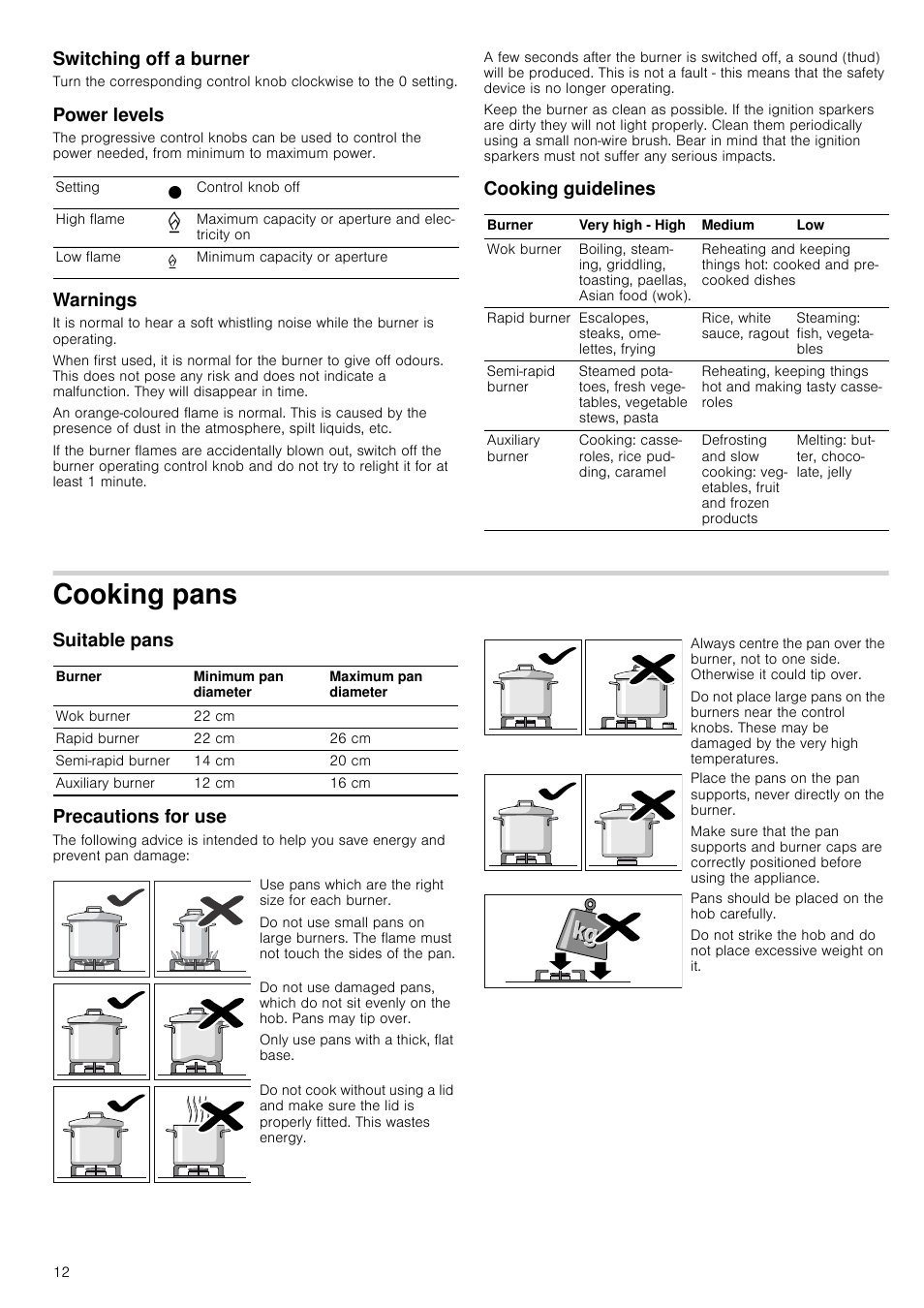 Switching off a burner, Power levels, Warnings | Cooking guidelines, Cooking pans, Suitable pans, Precautions for use, Suitable pans precautions for use | Siemens EC675PB21E User Manual | Page 12 / 45