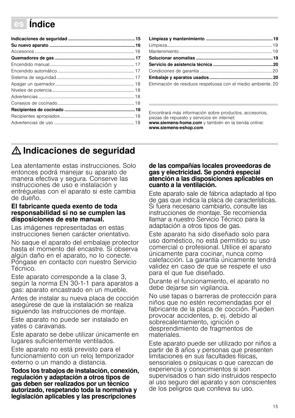 Û índice[es] instrucciones de uso, Indicaciones de seguridad, Índice | Siemens EC675PB21E User Manual | Page 15 / 45