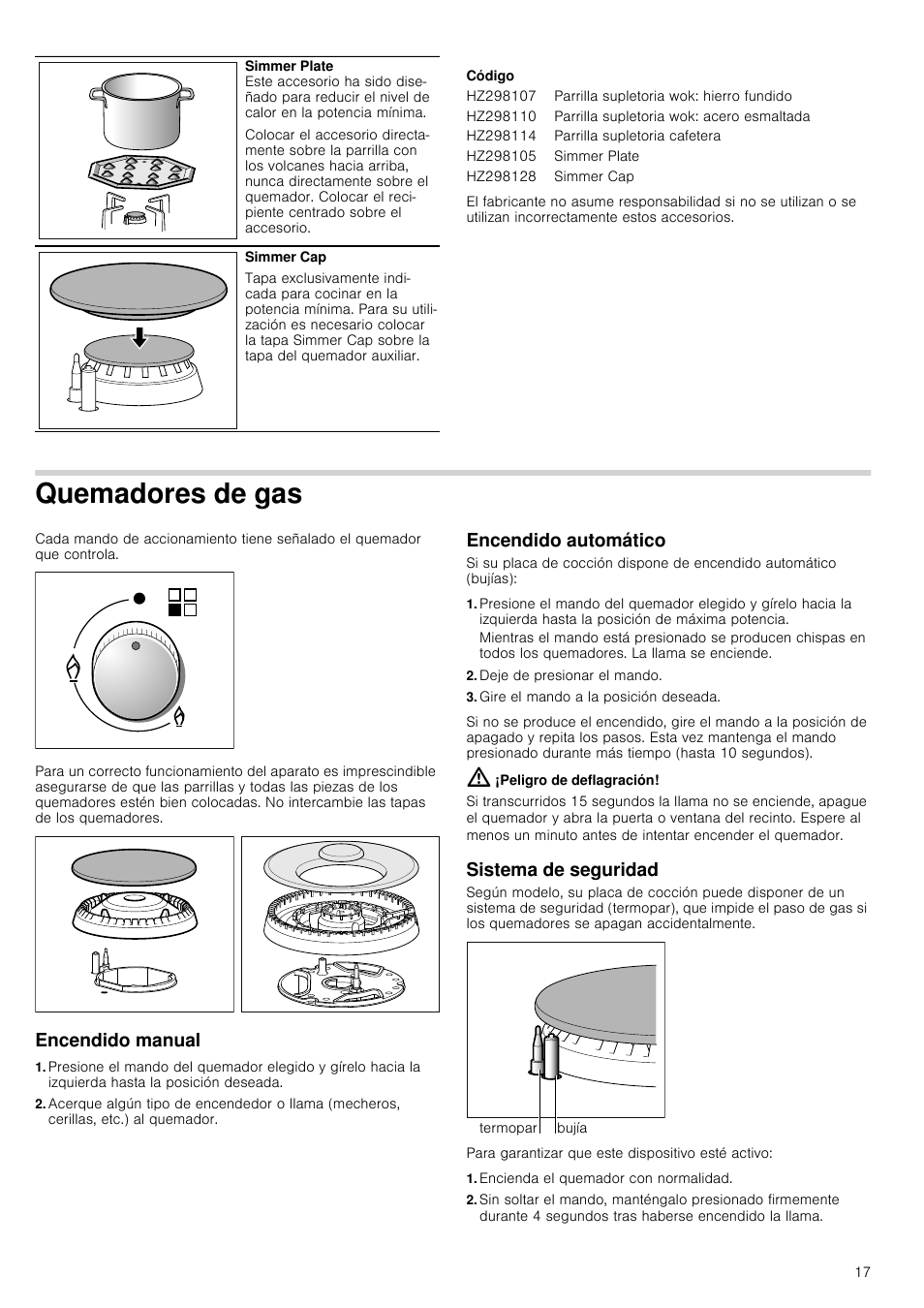 Código, Quemadores de gas, Encendido manual | Encendido automático, Deje de presionar el mando, Gire el mando a la posición deseada, Peligro de deflagración, Sistema de seguridad, Encienda el quemador con normalidad, Encendido automático sistema de seguridad | Siemens EC675PB21E User Manual | Page 17 / 45