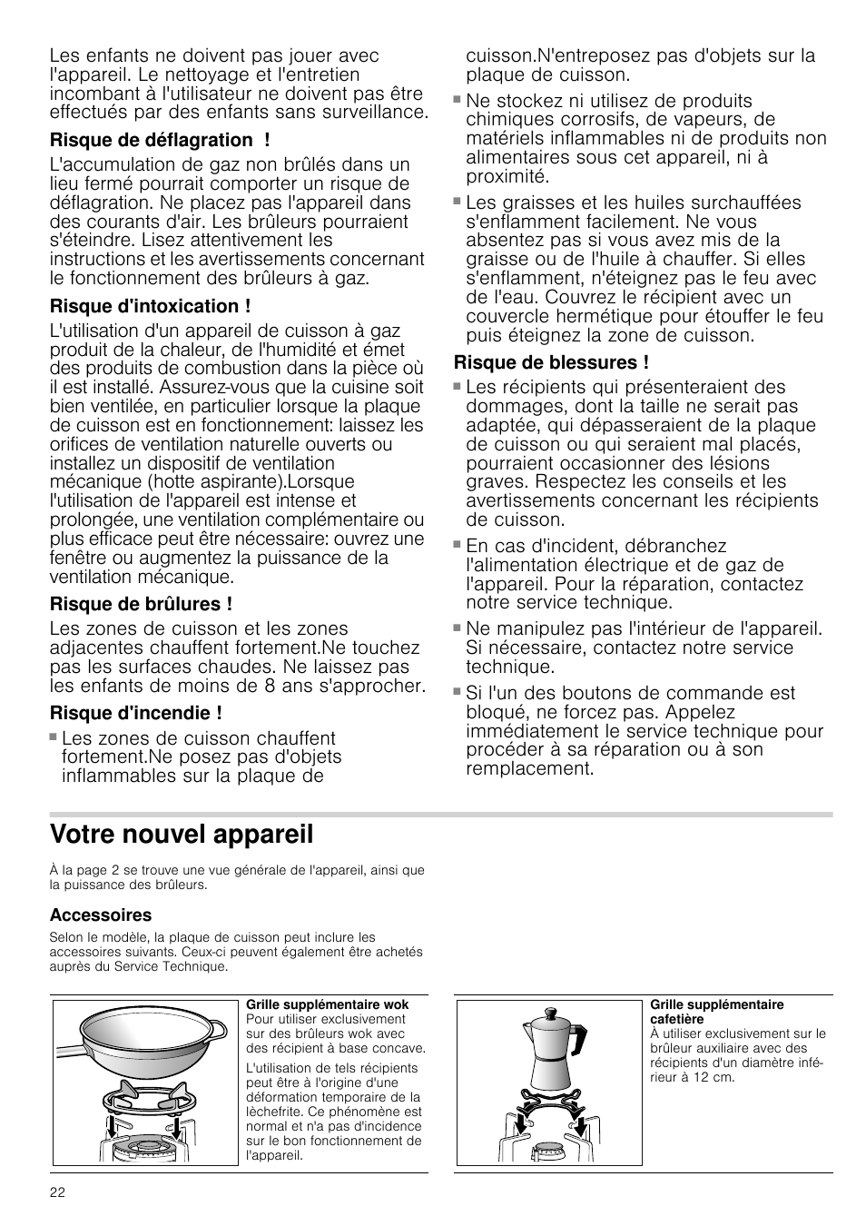 Risque de déflagration, Risque d'intoxication, Risque de brûlures | Risque d'incendie, Risque de blessures, Votre nouvel appareil, Accessoires | Siemens EC675PB21E User Manual | Page 22 / 45