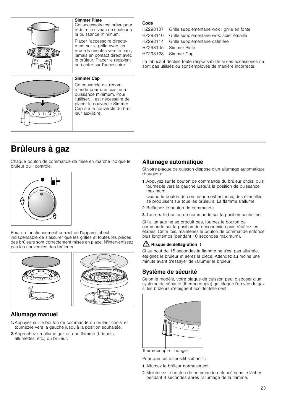 Code, Brûleurs à gaz, Allumage manuel | Allumage automatique, Relâchez le bouton de commande, Risque de déflagration, Système de sécurité, Allumez le brûleur normalement, Allumage manuel allumage automatique | Siemens EC675PB21E User Manual | Page 23 / 45