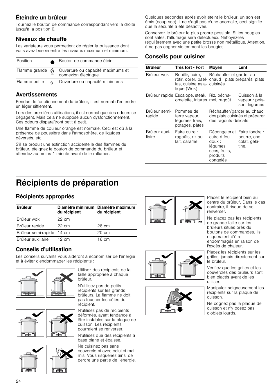 Éteindre un brûleur, Niveaux de chauffe, Avertissements | Conseils pour cuisiner, Récipients de préparation, Récipients appropriés, Conseils d'utilisation, Ation récipients appropriés conseils d'utilisation, Récipients appropriés conseils d'utilisation | Siemens EC675PB21E User Manual | Page 24 / 45