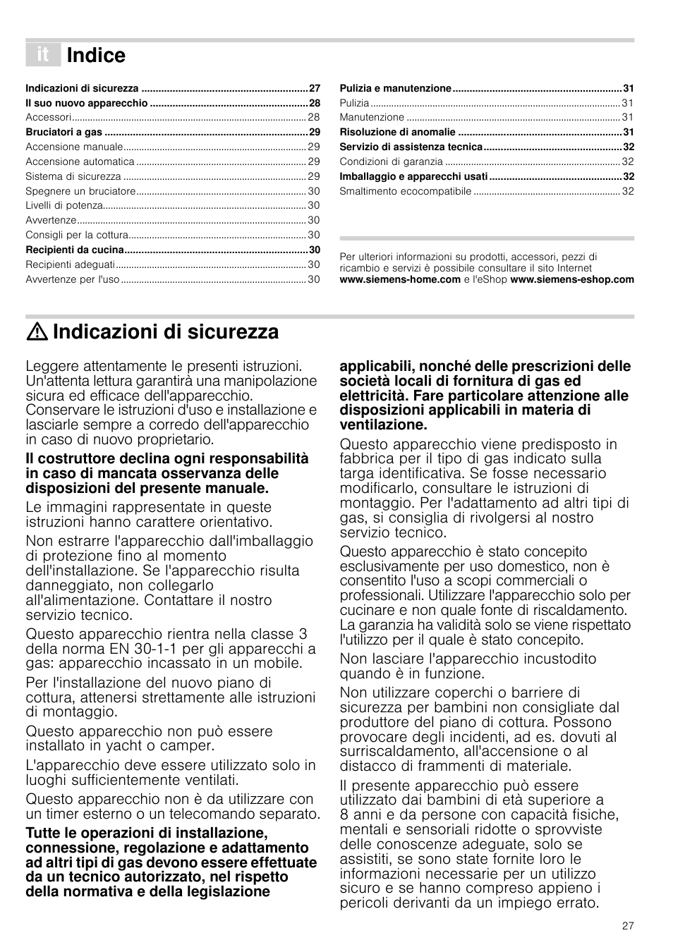 Â indice[it] istruzioni per l’uso, Indicazioni di sicurezza, Vwux]lrqlshuo·xvr | Indice | Siemens EC675PB21E User Manual | Page 27 / 45