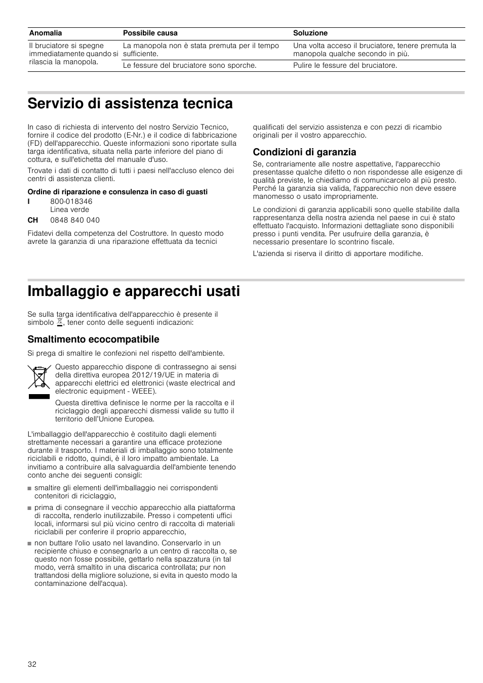 Servizio di assistenza tecnica, Condizioni di garanzia, Imballaggio e apparecchi usati | Smaltimento ecocompatibile | Siemens EC675PB21E User Manual | Page 32 / 45