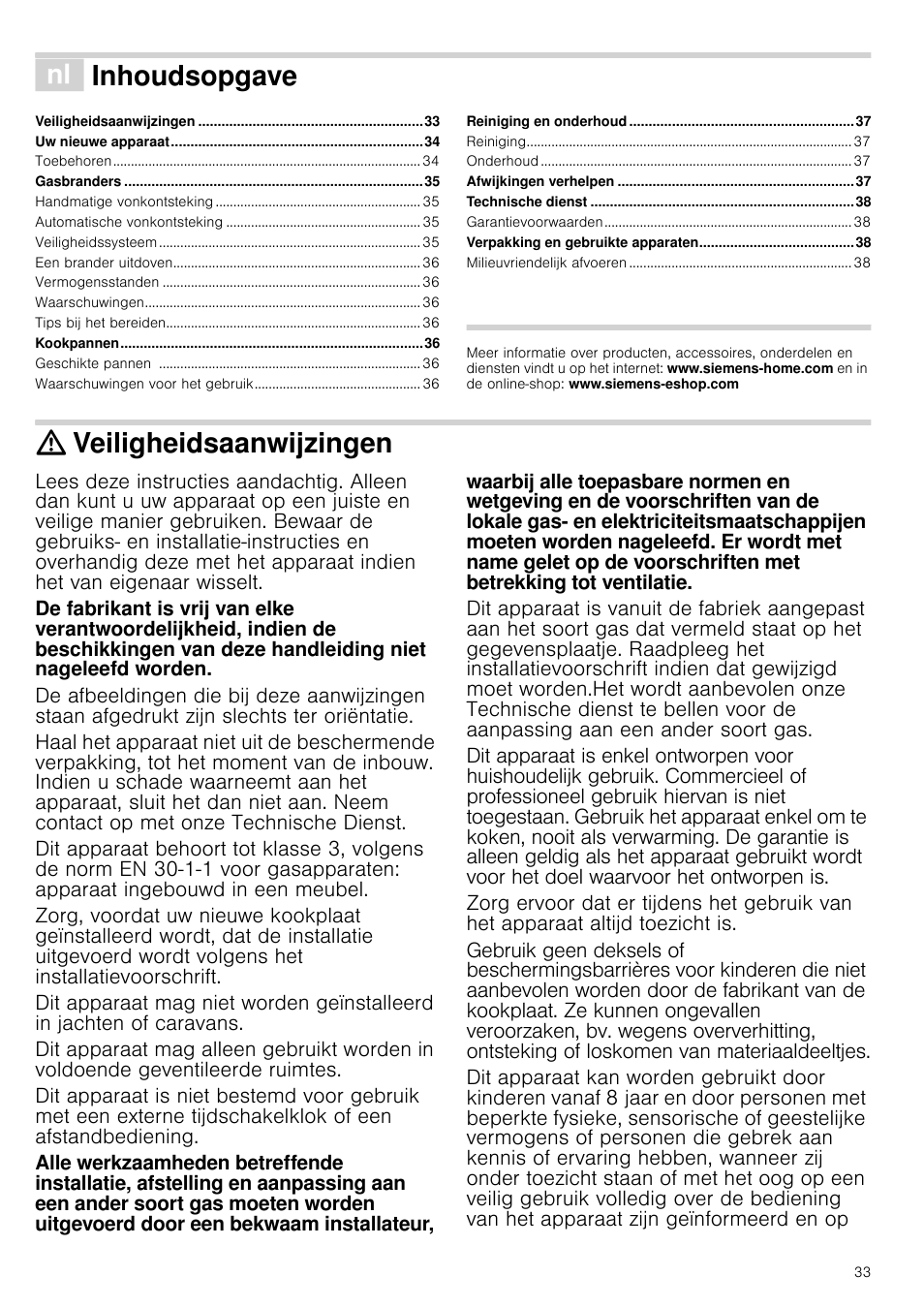 É inhoudsopgave[nl] gebruiksaanwijzing, Veiligheidsaanwijzingen, Heuxlnvddqzlm]lqj | Inhoudsopgave | Siemens EC675PB21E User Manual | Page 33 / 45