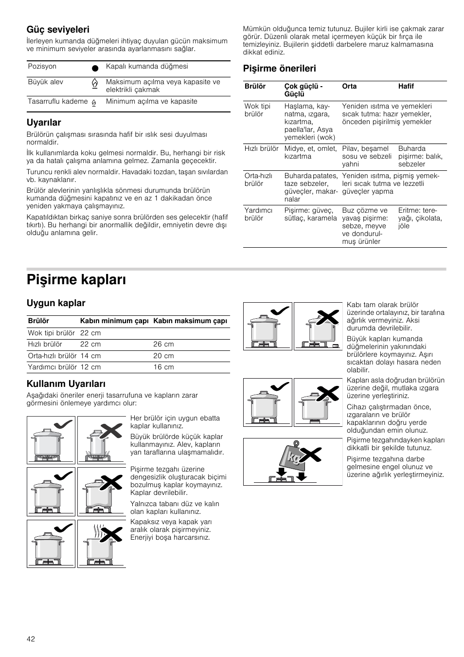 Güç seviyeleri, Uyarılar, Pişirme önerileri | Pişirme kapları, Uygun kaplar, Kullanım uyarıları, Uygun kaplar kullanım uyarıları | Siemens EC675PB21E User Manual | Page 42 / 45