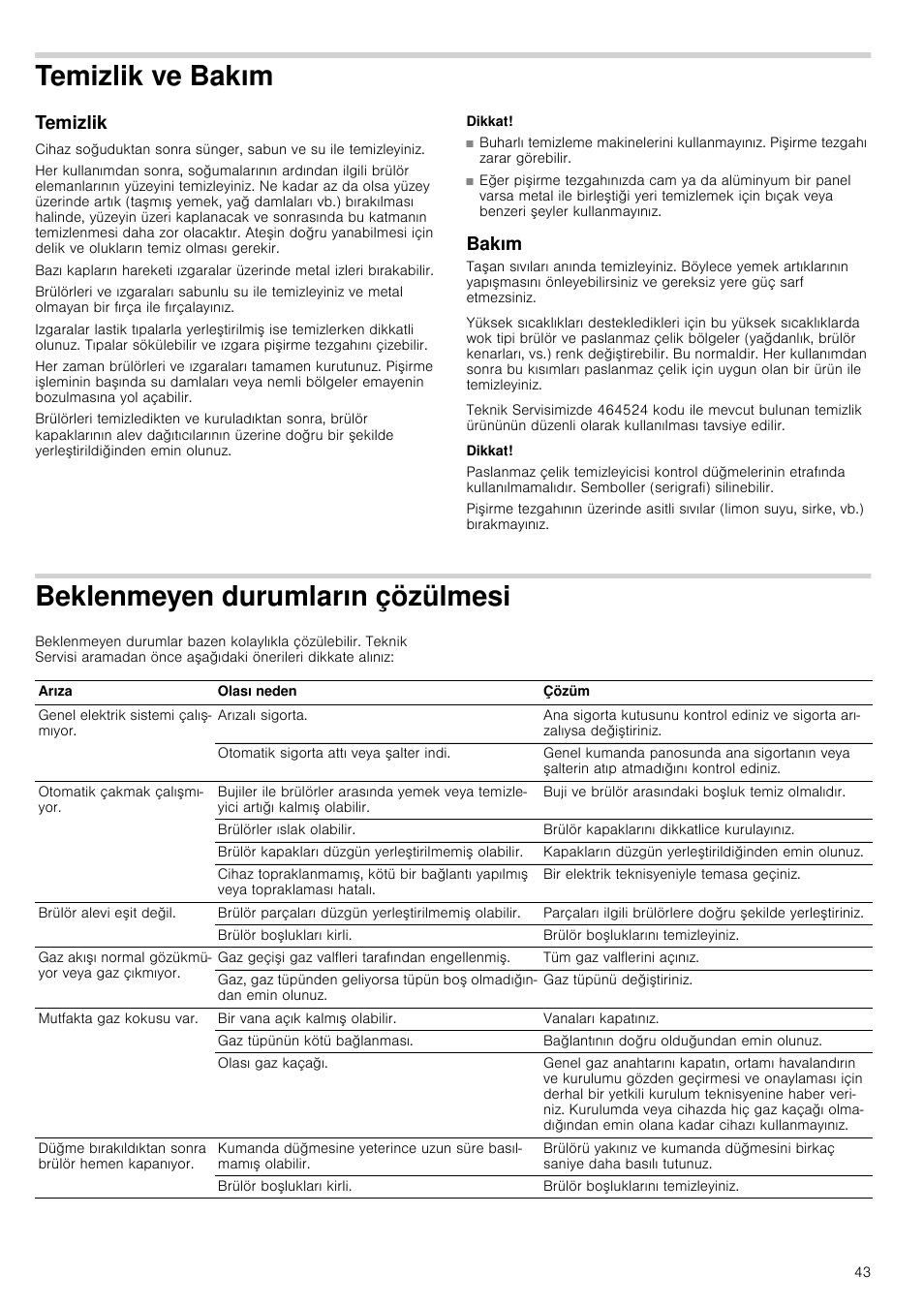 Temizlik ve bakım, Temizlik, Dikkat | Bakım, Beklenmeyen durumların çözülmesi | Siemens EC675PB21E User Manual | Page 43 / 45