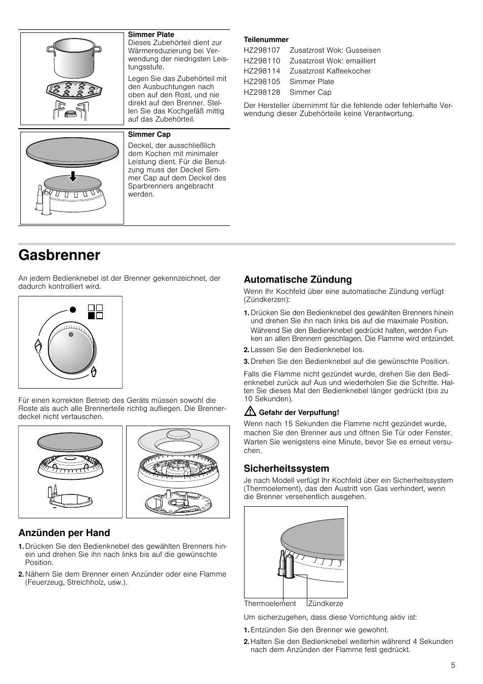 Teilenummer, Gasbrenner, Anzünden per hand | Automatische zündung, Lassen sie den bedienknebel los, Gefahr der verpuffung, Sicherheitssystem, Entzünden sie den brenner wie gewohnt, Gasbrenner anzünden per hand automatische zündung | Siemens EC675PB21E User Manual | Page 5 / 45