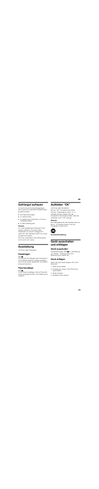 Gefriergut auftauen, Bei raumtemperatur, Im kühlschrank | Im mikrowellengerät, Ausstattung, Glasablagen, Flaschenablage, Aufkleber “ok, Gerät ausschalten und stilllegen, Gerät ausschalten | Siemens KI24LV21FF User Manual | Page 13 / 85