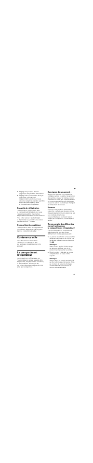 Capacité de réfrigération, Compartiment congélateur, Contenance utile | Le compartiment réfrigérateur, Consignes de rangement, Remarque | Siemens KI24LV21FF User Manual | Page 41 / 85