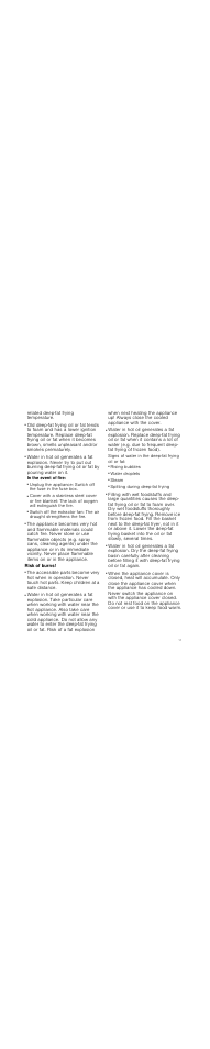 Risk of fire, In the event of fire, Risk of burns | Signs of water in the deep-fat frying oil or fat, Rising bubbles, Water droplets, Steam, Spitting during deep-fat frying, Related deep-fat frying temperature | Siemens ET375GA11E User Manual | Page 11 / 40