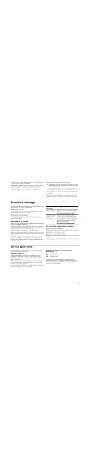 Sélectionnez la température recommandée, Entretien et nettoyage, M risque de brûlure | M risque de choc électrique, Nettoyage de la friteuse, Ne pas utiliser ces produits nettoyants, Nettoyants chlorés ou alcoolisés, Produit pour four en bombe aérosol, Service après-vente | Siemens ET375GA11E User Manual | Page 23 / 40