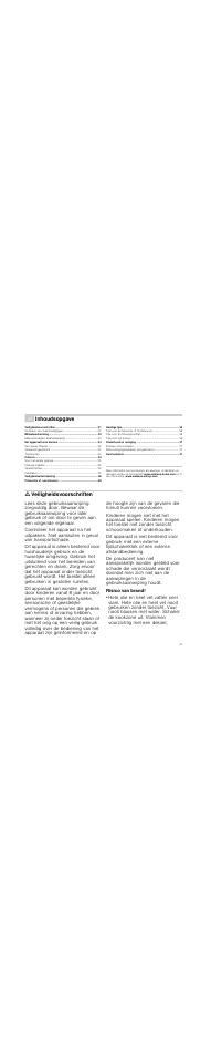 É inhoudsopgave[nl] gebruiksaanwijzing, M veiligheidsvoorschriften, Risico van brand | Inhoudsopgave, Ã= veiligheidsvoorschriften | Siemens ET375GA11E User Manual | Page 31 / 40