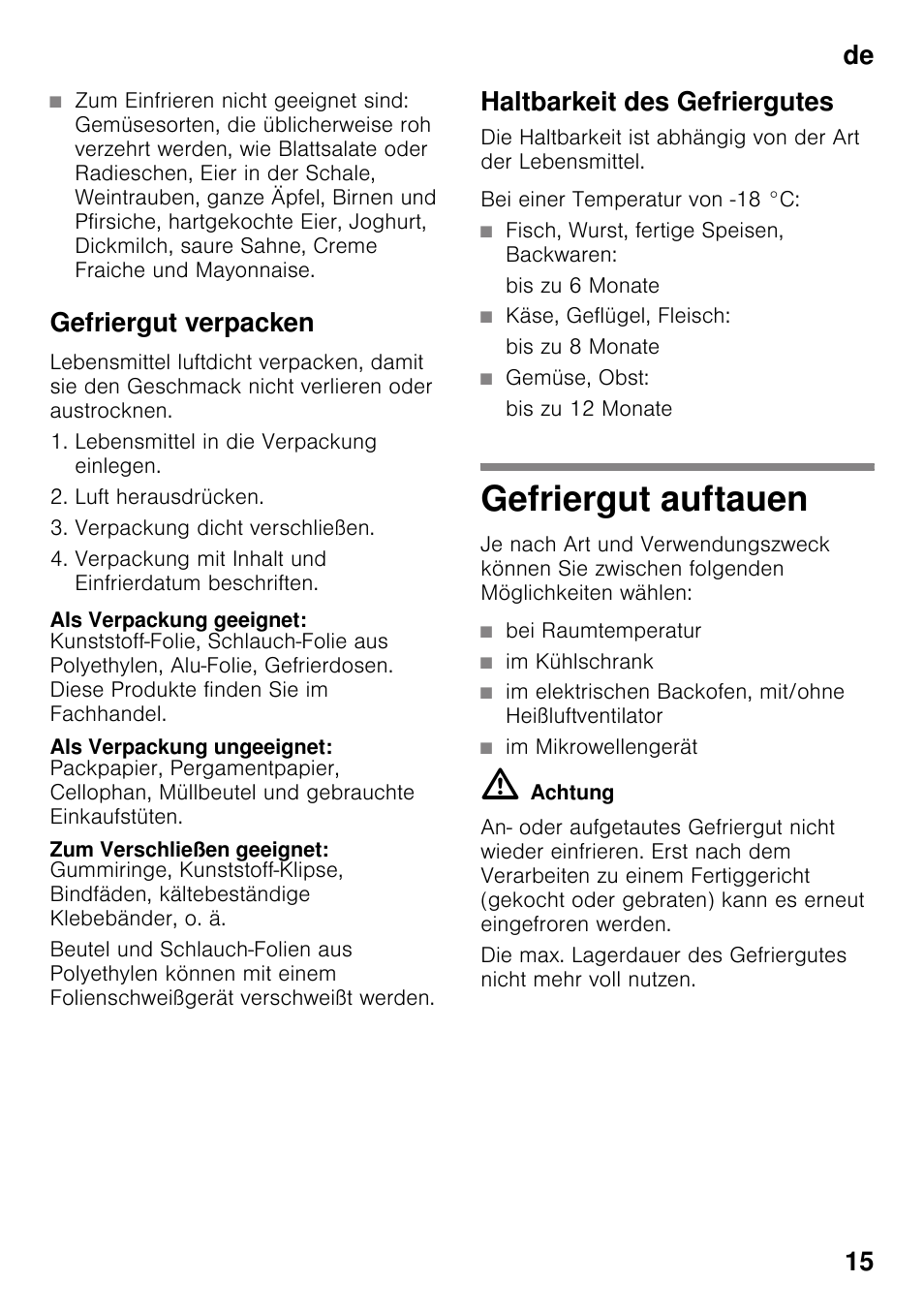 Gefriergut verpacken, Als verpackung geeignet, Als verpackung ungeeignet | Zum verschließen geeignet, Haltbarkeit des gefriergutes, Gefriergut auftauen, De 15 | Siemens KI82LAD30 User Manual | Page 15 / 103