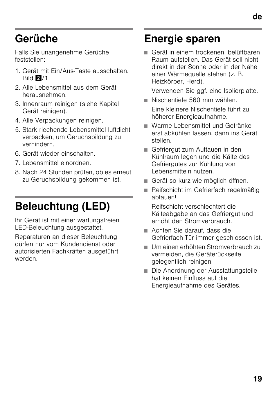 Gerüche, Beleuchtung (led), Energie sparen | Gerüche beleuchtung (led) energie sparen, De 19 | Siemens KI82LAD30 User Manual | Page 19 / 103