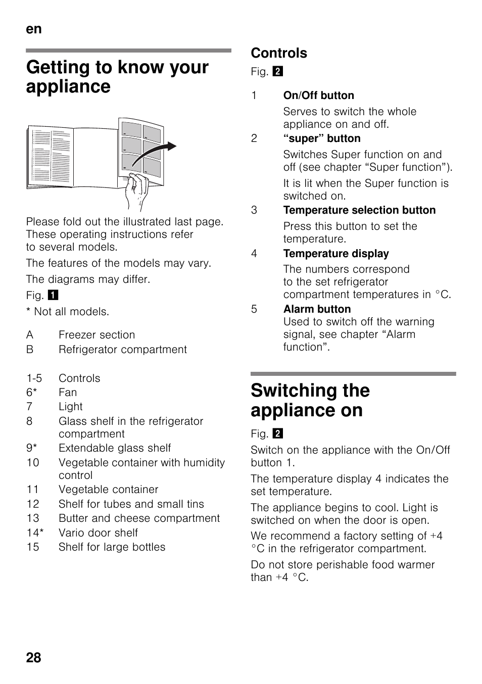 Getting to know your appliance, Controls, Switching the appliance on | En 28 | Siemens KI82LAD30 User Manual | Page 28 / 103