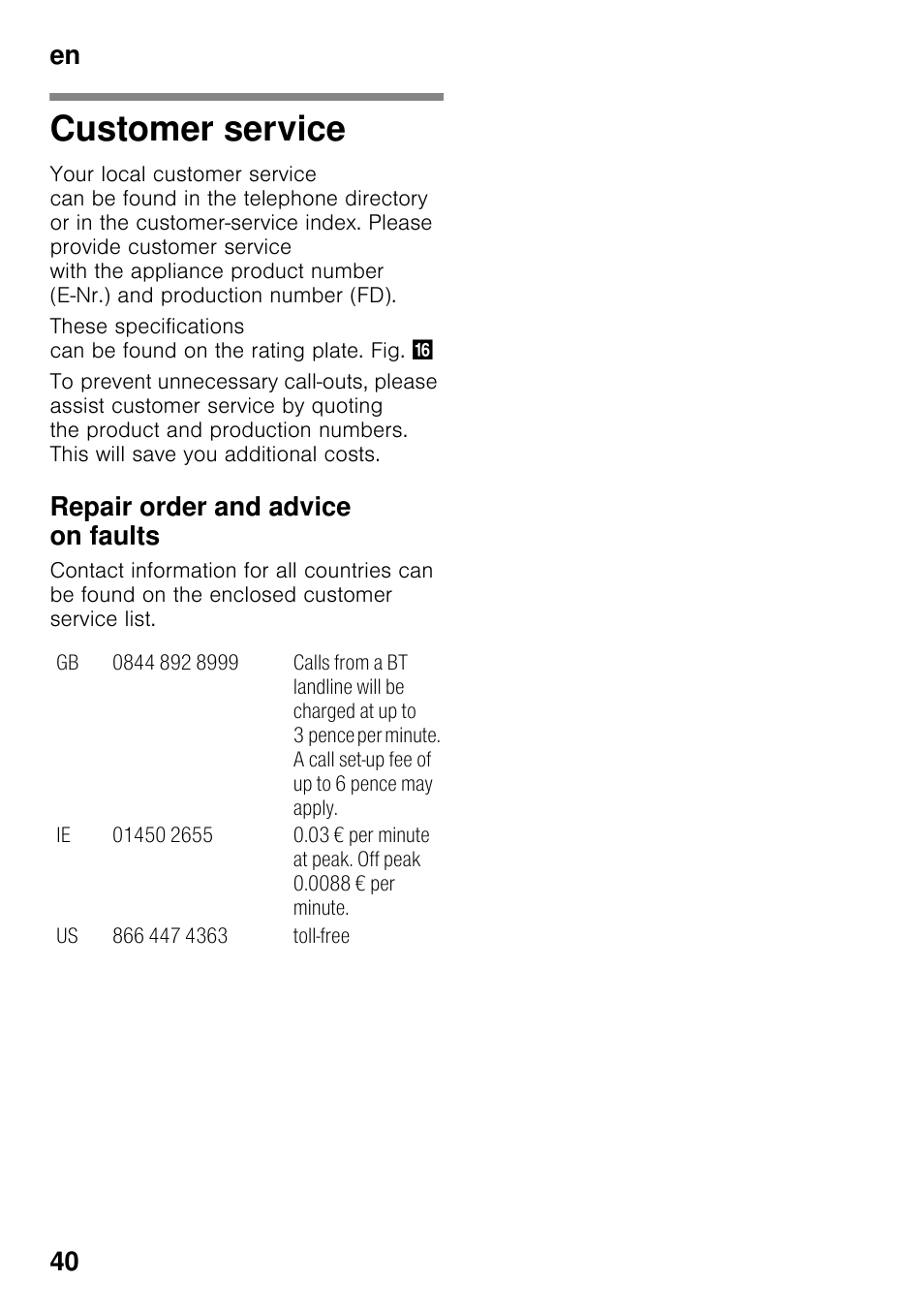 Customer service, Repair order and advice on faults, En 40 | Siemens KI82LAD30 User Manual | Page 40 / 103