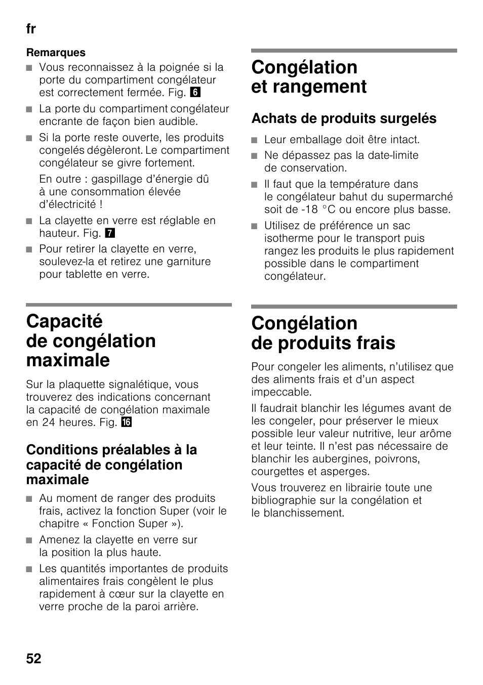 Capacité de congélation maximale, Congélation et rangement, Achats de produits surgelés | Congélation de produits frais, Fr 52 | Siemens KI82LAD30 User Manual | Page 52 / 103