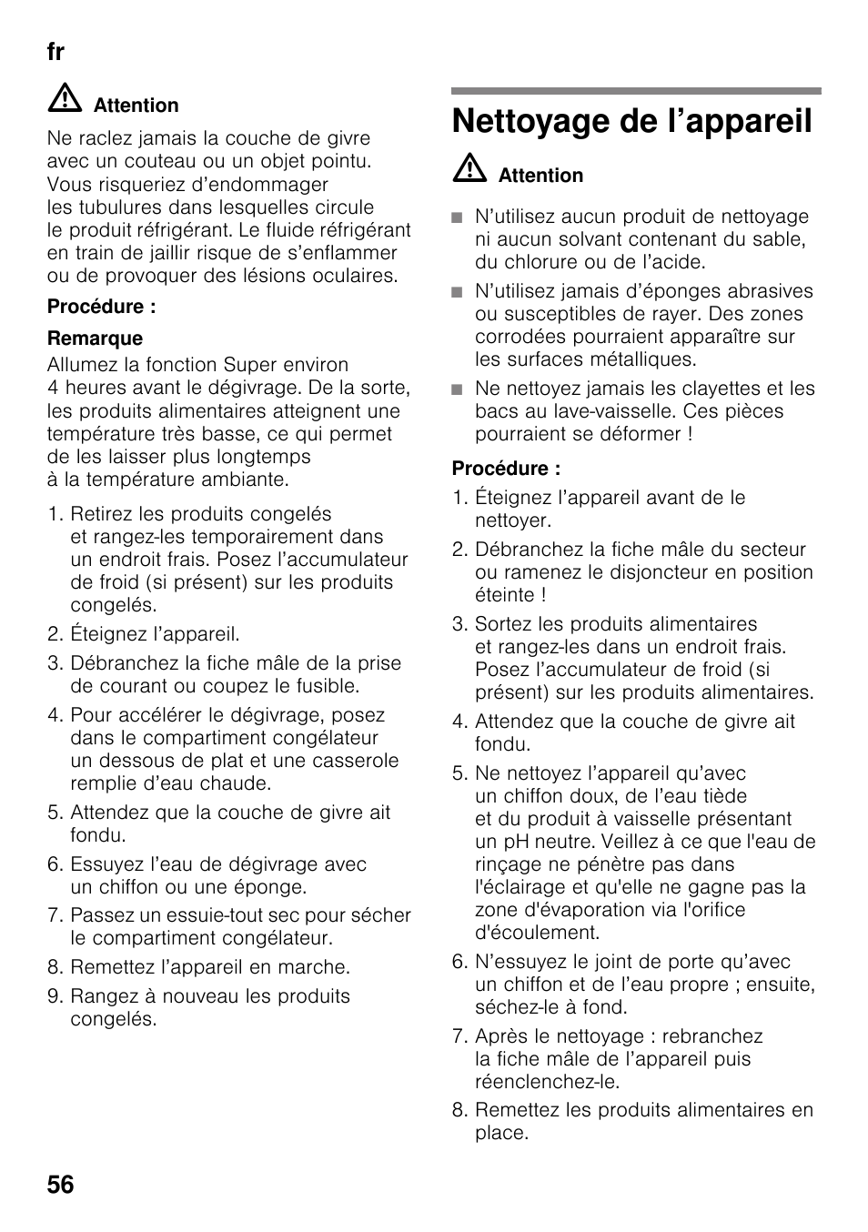 Procédure, Nettoyage de l’appareil, Fr 56 | Siemens KI82LAD30 User Manual | Page 56 / 103