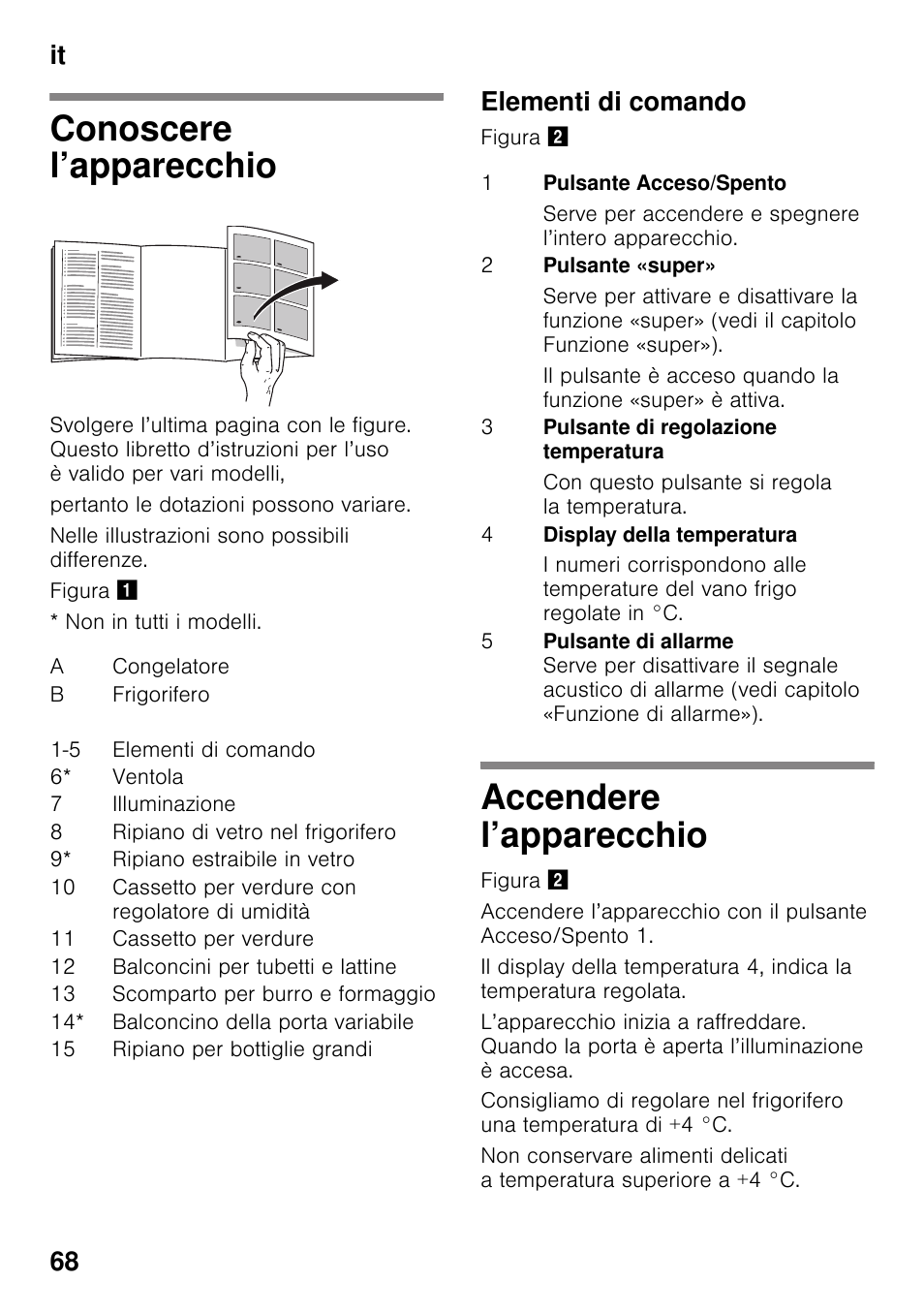 Conoscere l’apparecchio, Elementi di comando, Accendere l’apparecchio | Conoscere l’apparecchio accendere l’apparecchio, It 68 | Siemens KI82LAD30 User Manual | Page 68 / 103