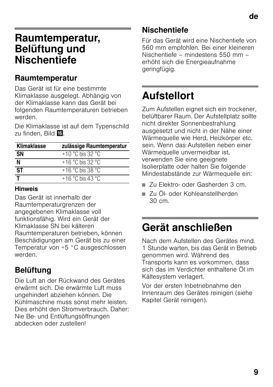 Raumtemperatur, belüftung und nischentiefe, Raumtemperatur, Belüftung | Nischentiefe, Aufstellort, Gerät anschließen, Nischentiefe aufstellort gerät anschließen, De 9 | Siemens KI82LAD30 User Manual | Page 9 / 103