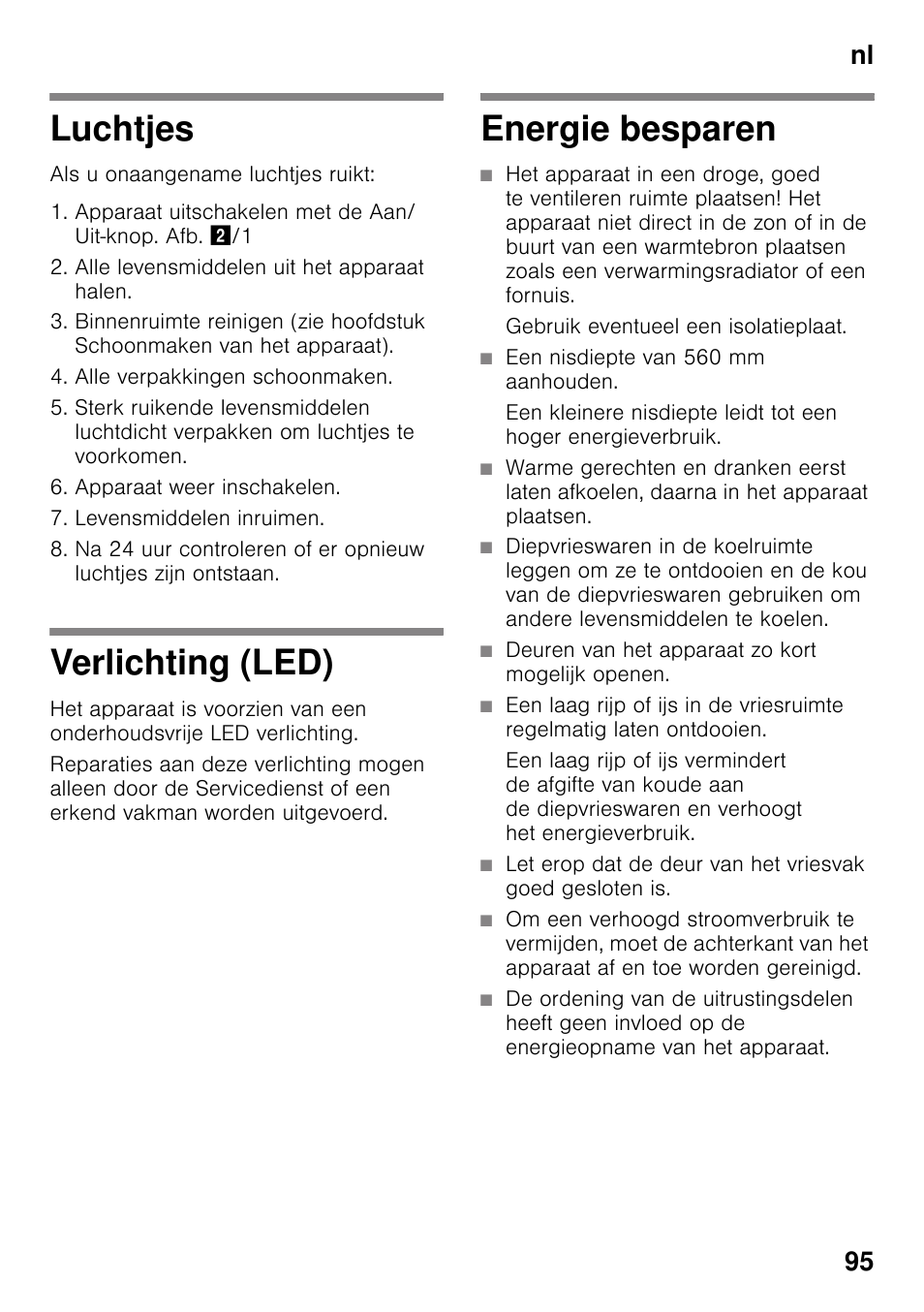 Luchtjes, Verlichting (led), Energie besparen | Luchtjes verlichting (led) energie besparen, Nl 95 | Siemens KI82LAD30 User Manual | Page 95 / 103