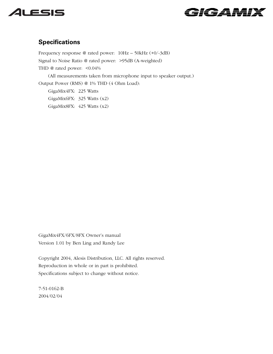 Specifications | ALESIS 6FX User Manual | Page 11 / 58