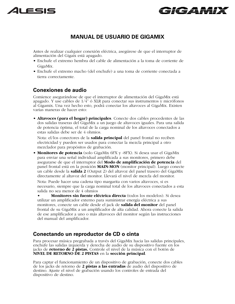 Manual de usuario de gigamix, Conexiones de audio, Conectando un reproductor de cd o cinta | ALESIS 6FX User Manual | Page 12 / 58
