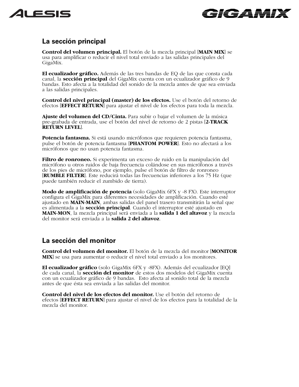 La sección principal, La sección del monitor | ALESIS 6FX User Manual | Page 16 / 58