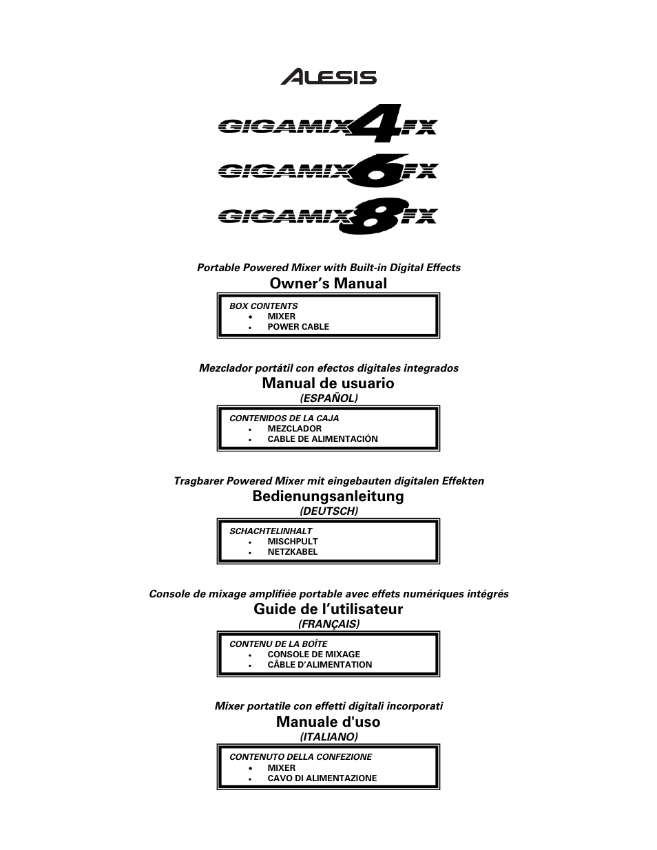 Owner’s manual, Manual de usuario, Bedienungsanleitung | Guide de l’utilisateur, Manuale d'uso | ALESIS 6FX User Manual | Page 2 / 58