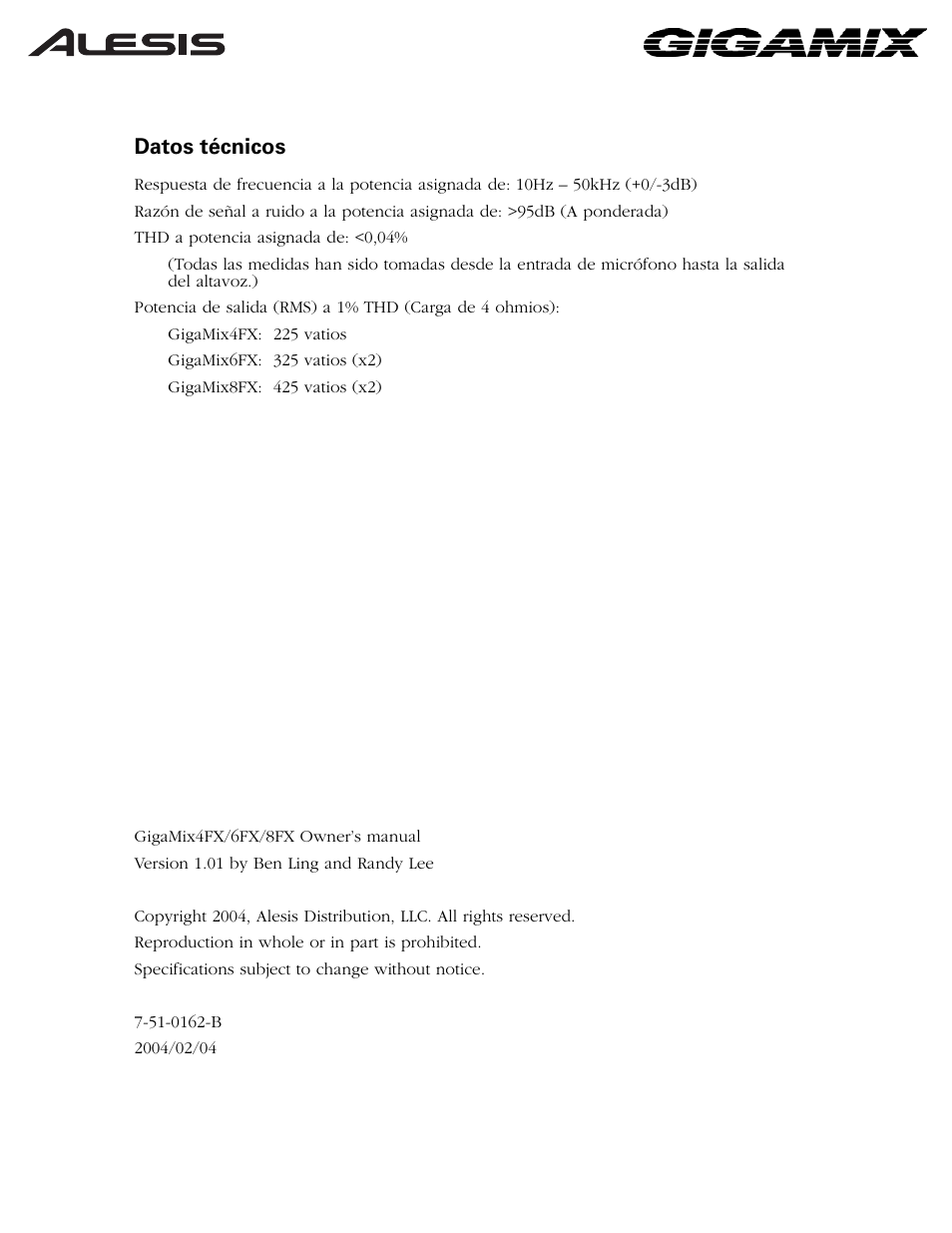 Datos técnicos | ALESIS 6FX User Manual | Page 23 / 58