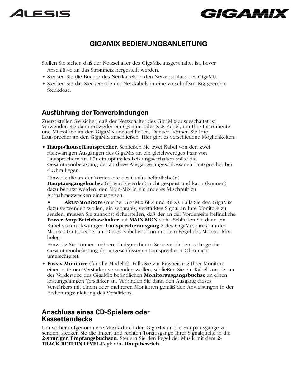 Gigamix bedienungsanleitung, Ausführung der tonverbindungen, Anschluss eines cd-spielers oder kassettendecks | ALESIS 6FX User Manual | Page 24 / 58